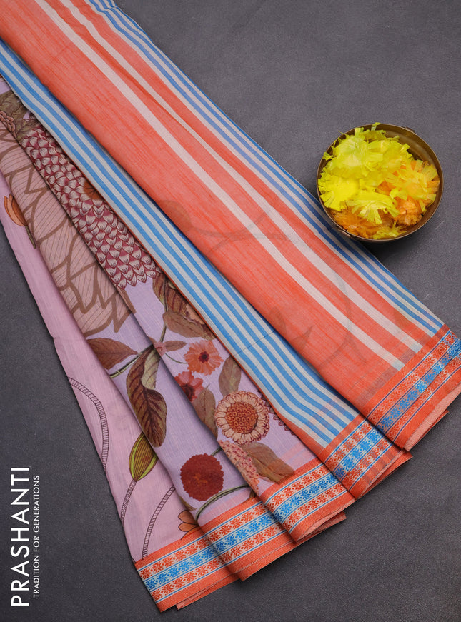 Mangalgiri cotton saree peach pink and orange with floral prints and thread woven border