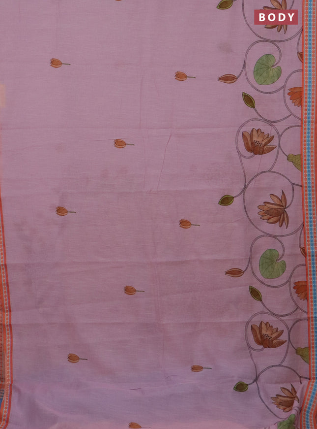 Mangalgiri cotton saree peach pink and orange with floral prints and thread woven border