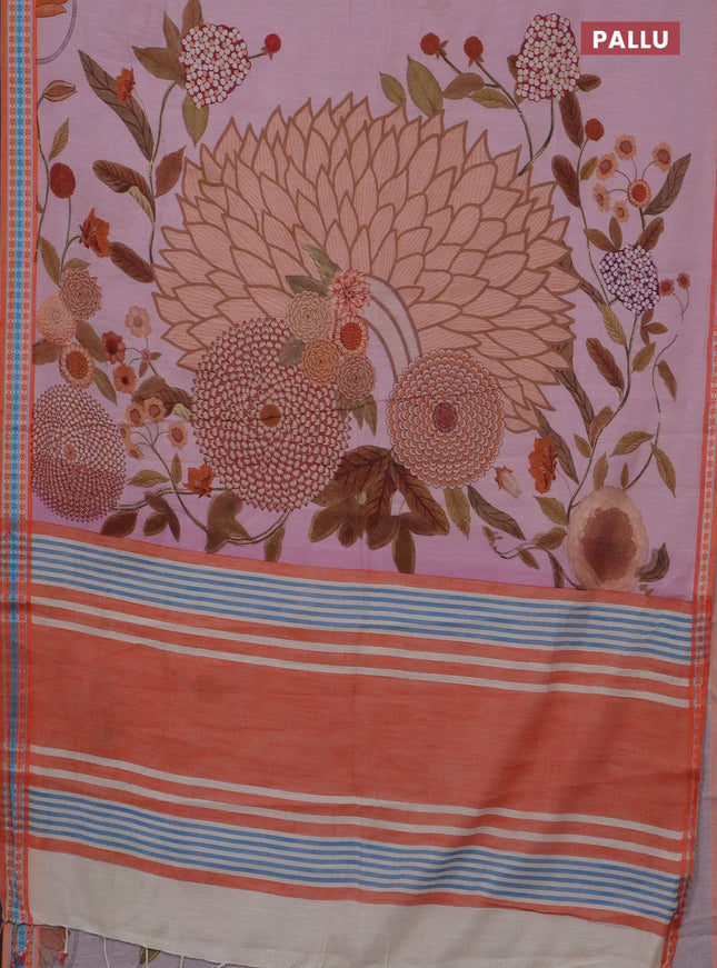 Mangalgiri cotton saree peach pink and orange with floral prints and thread woven border