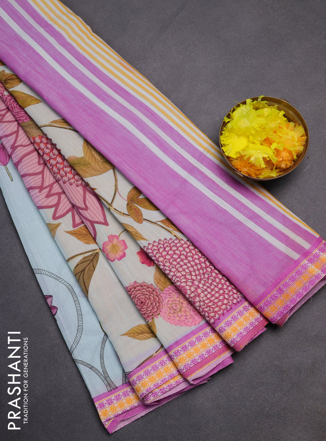 Mangalgiri cotton saree light blue and pink with floral prints and thread woven border