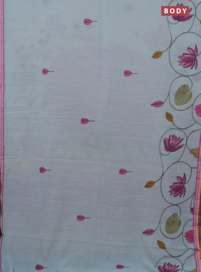 Mangalgiri cotton saree light blue and pink with floral prints and thread woven border