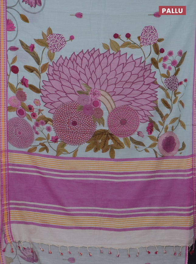 Mangalgiri cotton saree light blue and pink with floral prints and thread woven border