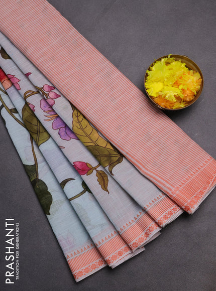 Mangalgiri cotton saree pastel blue and orange with allover floral prints and thread woven border