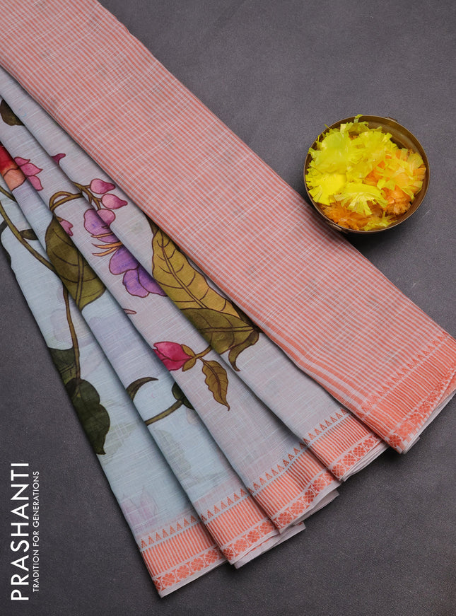 Mangalgiri cotton saree pastel blue and orange with allover floral prints and thread woven border