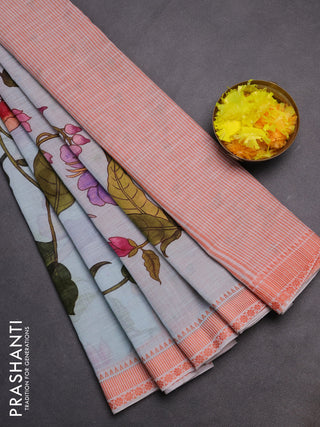 Mangalgiri cotton saree pastel blue and orange with allover floral prints and thread woven border