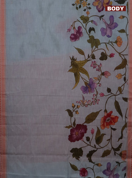 Mangalgiri cotton saree pastel blue and orange with allover floral prints and thread woven border