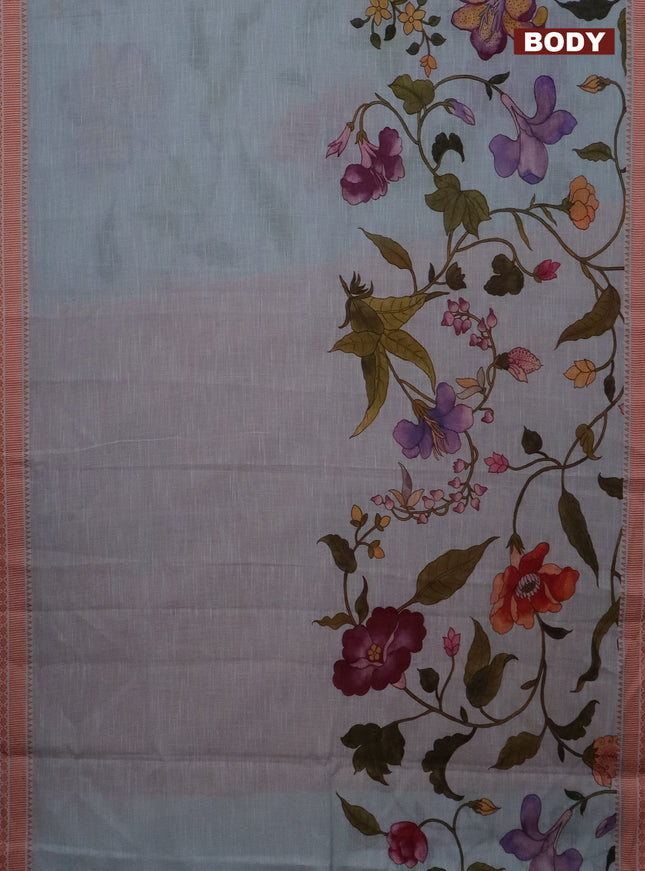 Mangalgiri cotton saree pastel blue and orange with allover floral prints and thread woven border