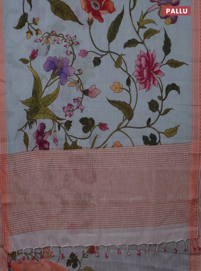 Mangalgiri cotton saree pastel blue and orange with allover floral prints and thread woven border
