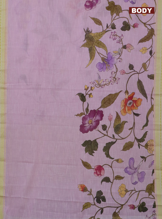 Mangalgiri cotton saree lotus pink and lime green with allover floral prints and thread woven border