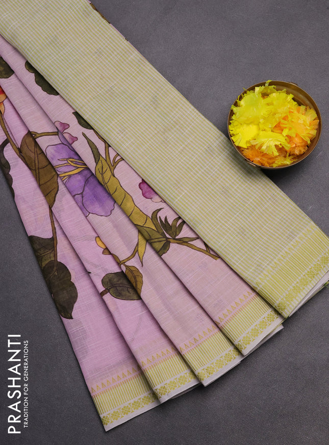 Mangalgiri cotton saree lotus pink and lime green with allover floral prints and thread woven border