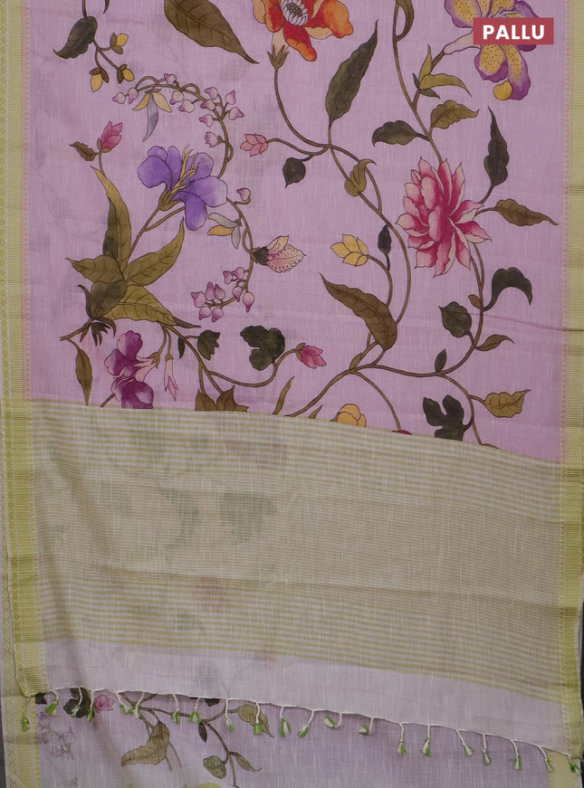 Mangalgiri cotton saree lotus pink and lime green with allover floral prints and thread woven border