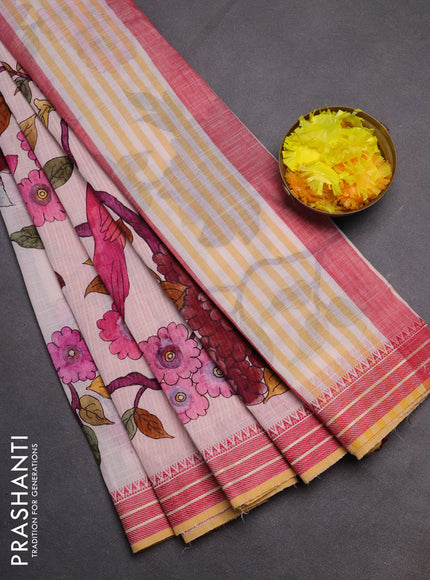 Mangalgiri cotton saree cream and maroon with allover floral prints and thread woven border