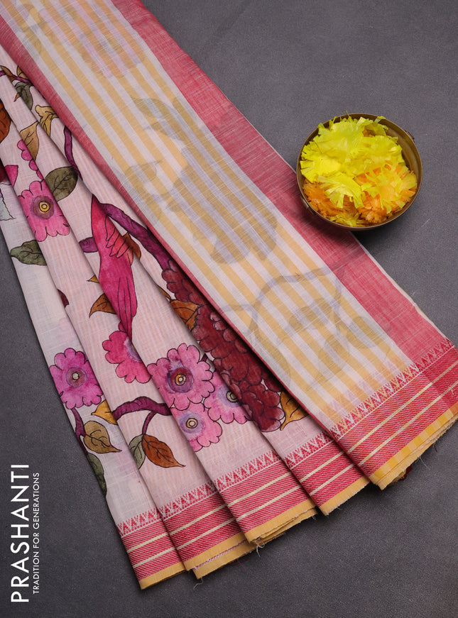 Mangalgiri cotton saree cream and maroon with allover floral prints and thread woven border