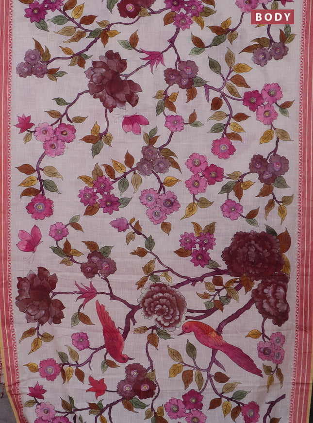 Mangalgiri cotton saree cream and maroon with allover floral prints and thread woven border