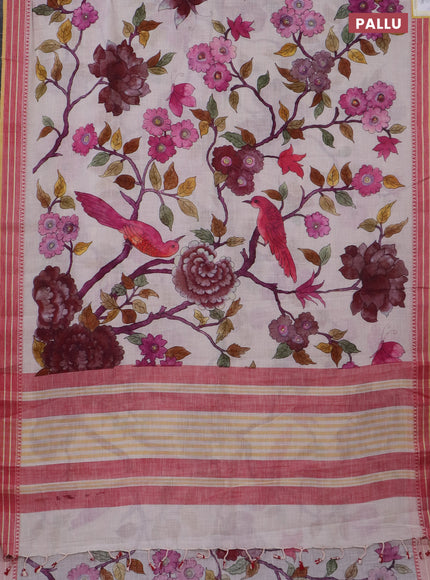 Mangalgiri cotton saree cream and maroon with allover floral prints and thread woven border