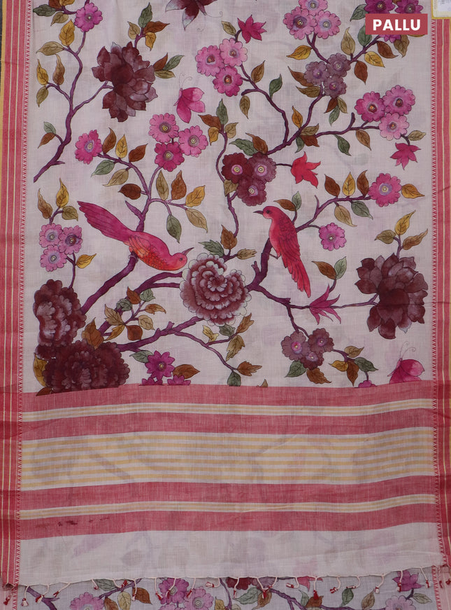Mangalgiri cotton saree cream and maroon with allover floral prints and thread woven border