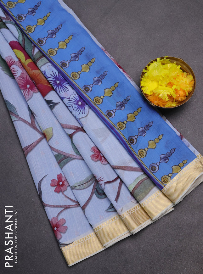 Mangalgiri cotton saree grey and cream with floral prints and zari woven border