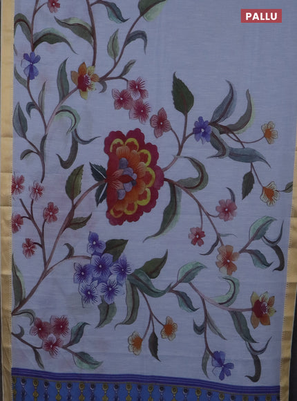 Mangalgiri cotton saree grey and cream with floral prints and zari woven border