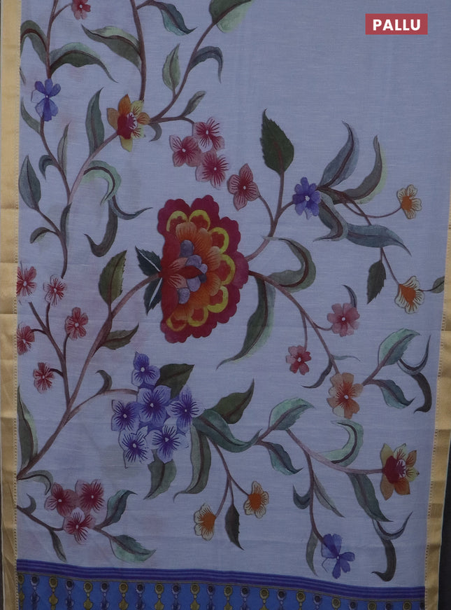 Mangalgiri cotton saree grey and cream with floral prints and zari woven border