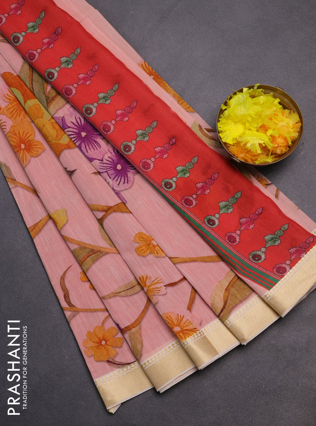Mangalgiri cotton saree peach shade and cream with floral prints and zari woven border