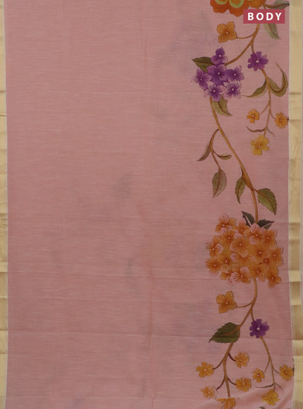 Mangalgiri cotton saree peach shade and cream with floral prints and zari woven border