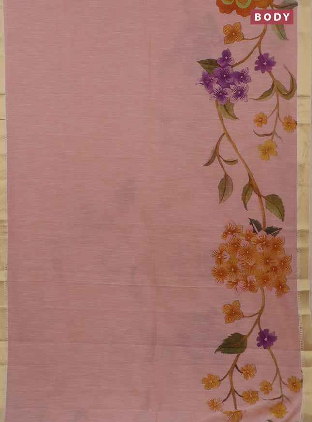Mangalgiri cotton saree peach shade and cream with floral prints and zari woven border