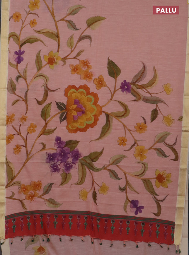 Mangalgiri cotton saree peach shade and cream with floral prints and zari woven border