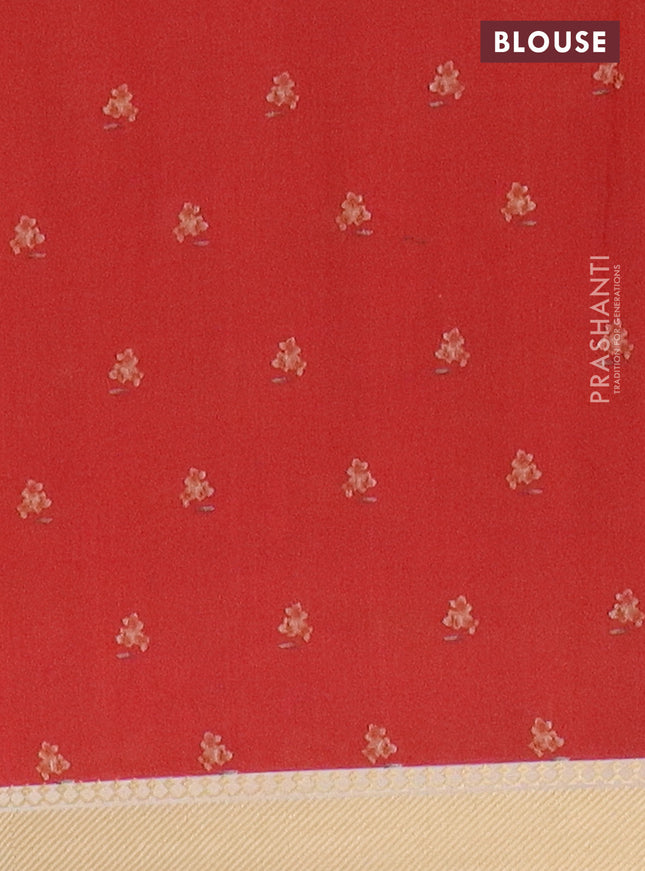 Mangalgiri cotton saree peach shade and cream with floral prints and zari woven border