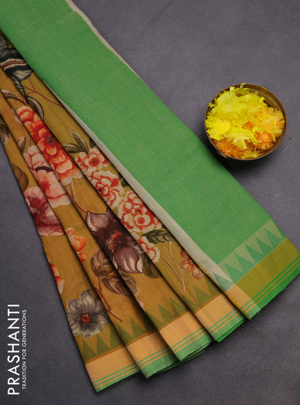 Mangalgiri cotton saree dark mustard and green with allover floral prints and temple design simple border