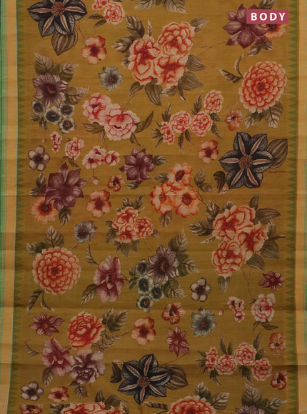 Mangalgiri cotton saree dark mustard and green with allover floral prints and temple design simple border