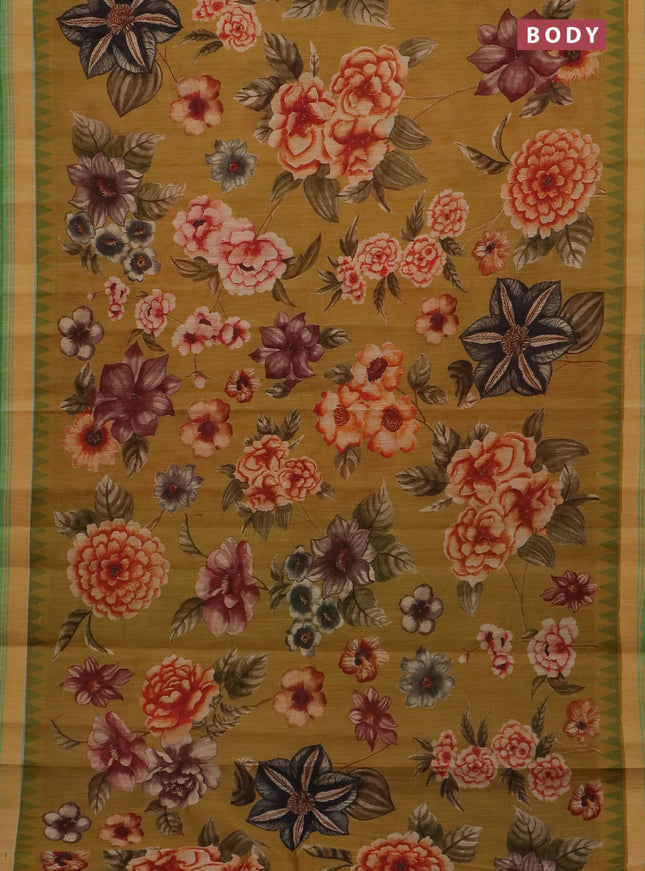 Mangalgiri cotton saree dark mustard and green with allover floral prints and temple design simple border