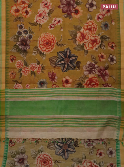 Mangalgiri cotton saree dark mustard and green with allover floral prints and temple design simple border