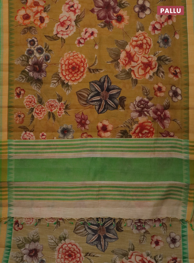 Mangalgiri cotton saree dark mustard and green with allover floral prints and temple design simple border