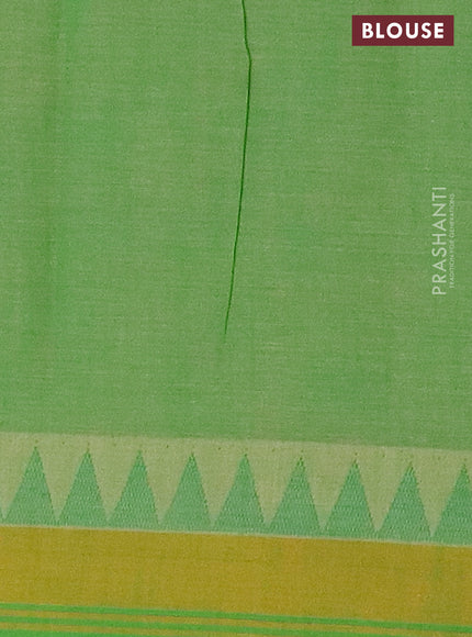 Mangalgiri cotton saree dark mustard and green with allover floral prints and temple design simple border