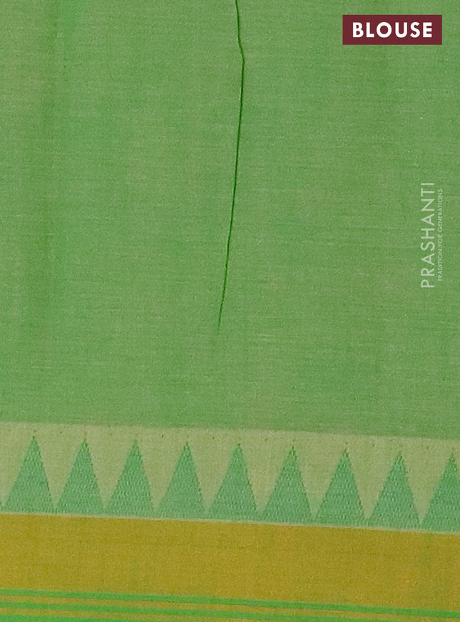 Mangalgiri cotton saree dark mustard and green with allover floral prints and temple design simple border