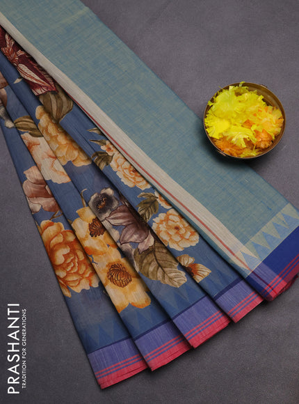 Mangalgiri cotton saree greyish blue and sandal blue with allover floral prints and temple design simple border