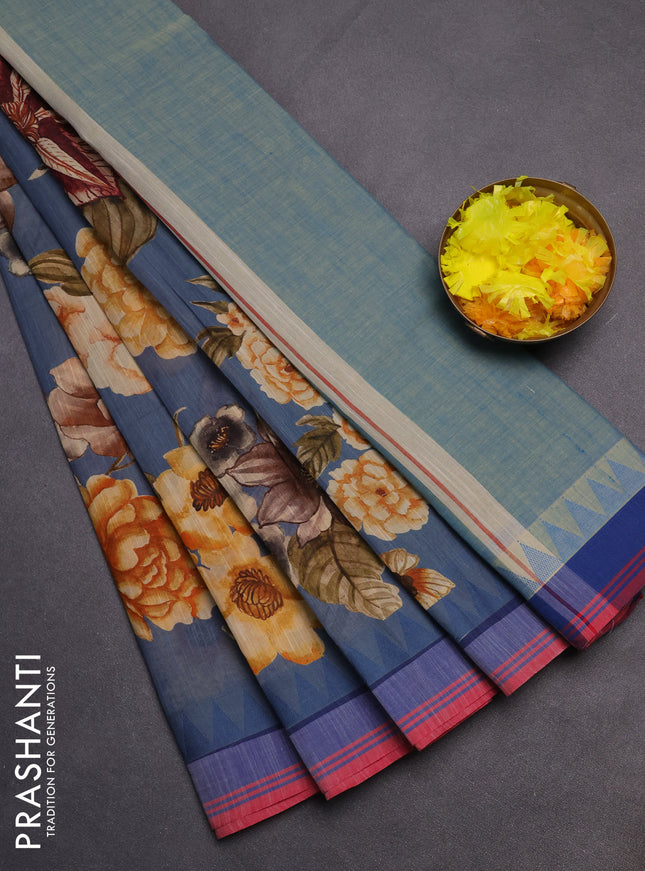 Mangalgiri cotton saree greyish blue and sandal blue with allover floral prints and temple design simple border