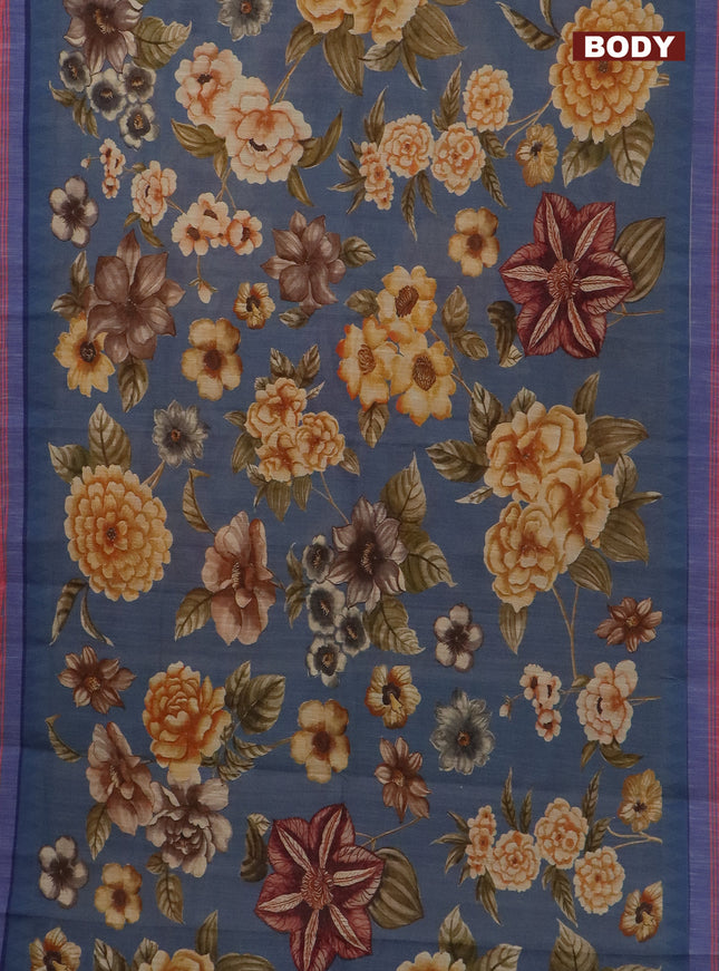 Mangalgiri cotton saree greyish blue and sandal blue with allover floral prints and temple design simple border