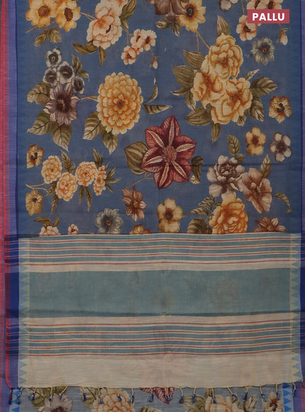 Mangalgiri cotton saree greyish blue and sandal blue with allover floral prints and temple design simple border