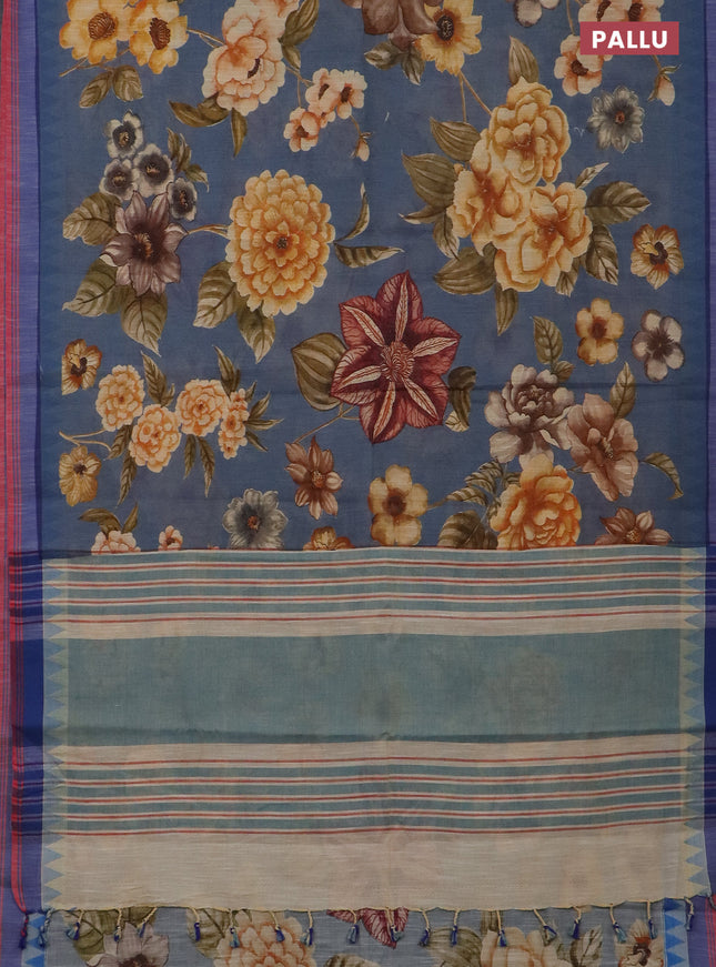 Mangalgiri cotton saree greyish blue and sandal blue with allover floral prints and temple design simple border