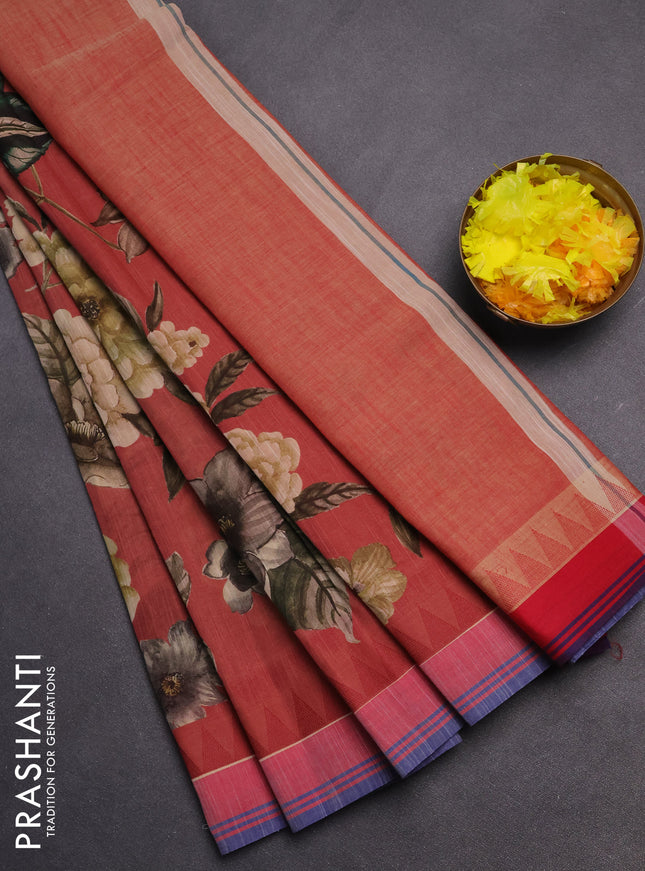 Mangalgiri cotton saree pastel maroon and sandal blue with allover floral prints and temple design simple border