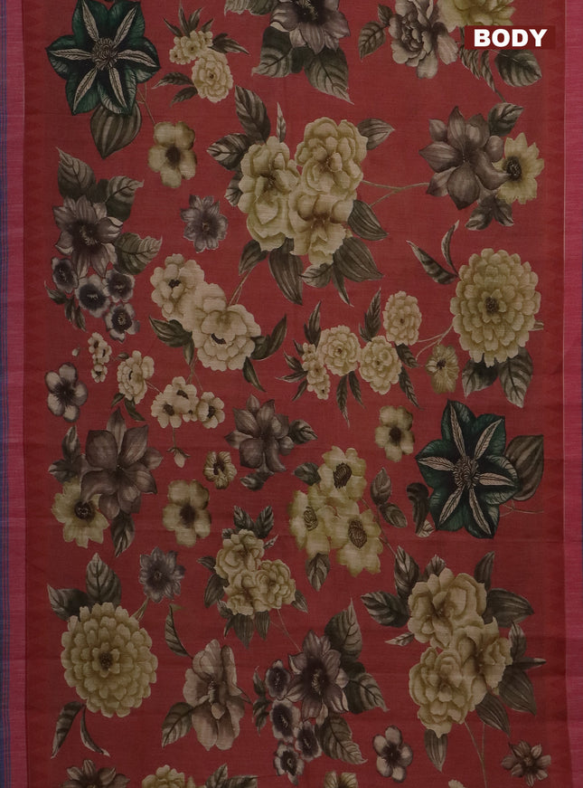 Mangalgiri cotton saree pastel maroon and sandal blue with allover floral prints and temple design simple border