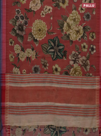 Mangalgiri cotton saree pastel maroon and sandal blue with allover floral prints and temple design simple border