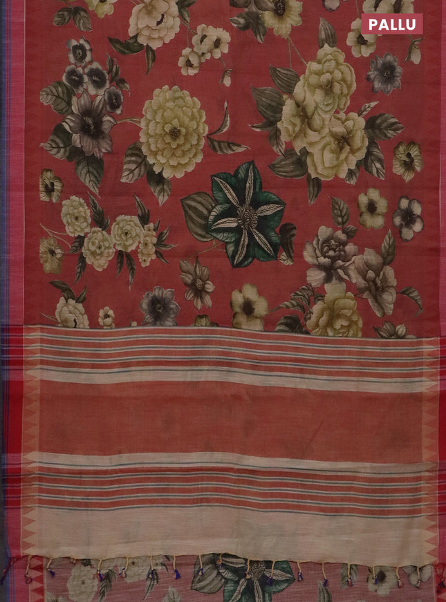 Mangalgiri cotton saree pastel maroon and sandal blue with allover floral prints and temple design simple border