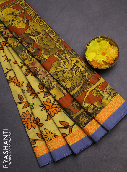 Mangalgiri cotton saree yellow and orange blue with allover floral prints and thread woven simple