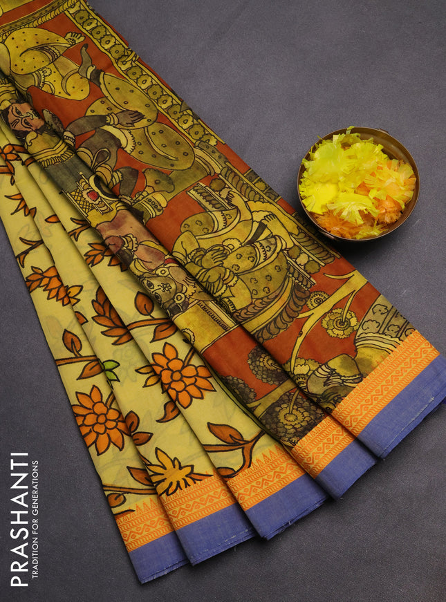 Mangalgiri cotton saree yellow and orange blue with allover floral prints and thread woven simple