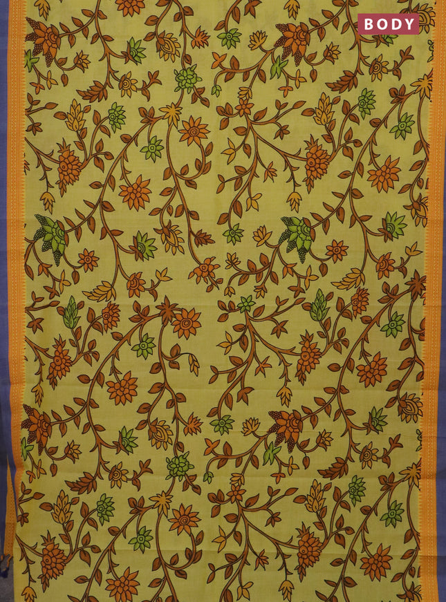 Mangalgiri cotton saree yellow and orange blue with allover floral prints and thread woven simple
