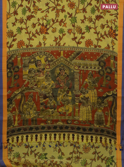 Mangalgiri cotton saree yellow and orange blue with allover floral prints and thread woven simple