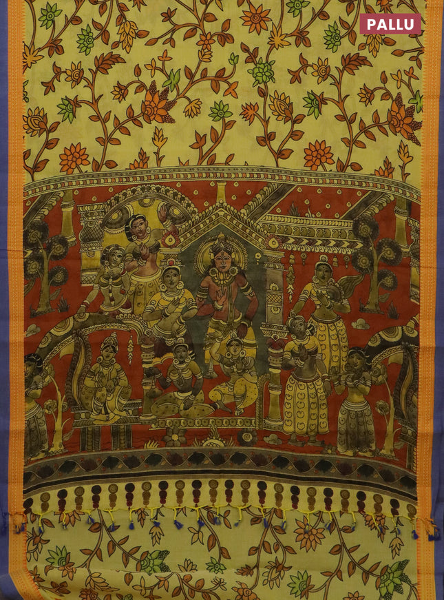 Mangalgiri cotton saree yellow and orange blue with allover floral prints and thread woven simple