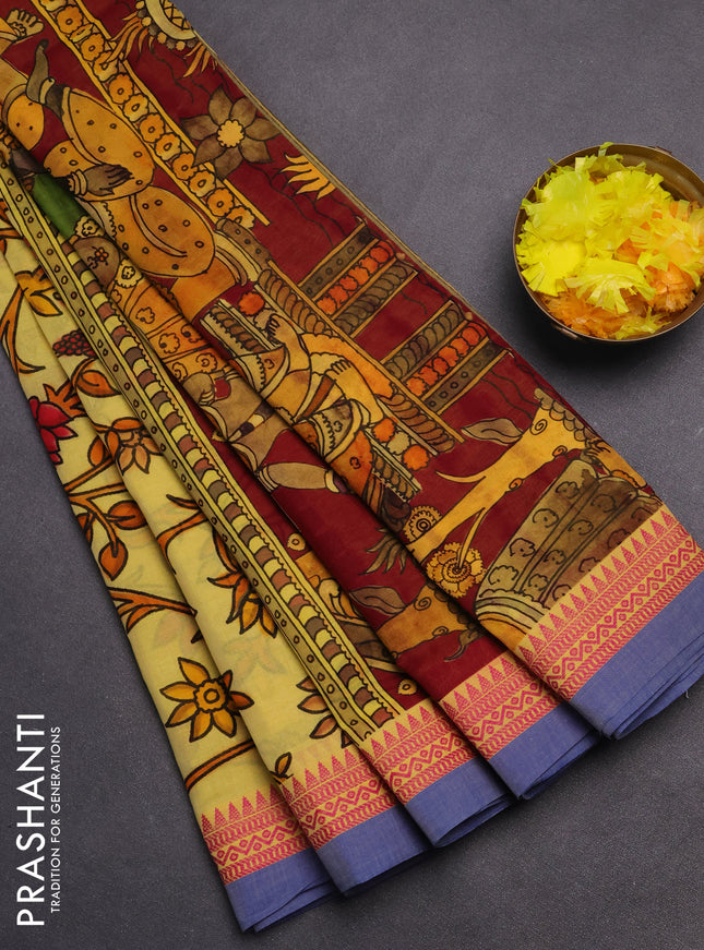 Mangalgiri cotton saree yellow and pink blue with allover floral prints and thread woven simple